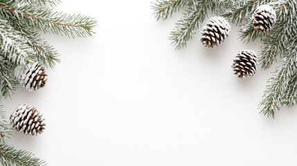 Fir tree branch with cones arranged elegantly on a white background, perfect for winter holiday decorations or Christmas card designs