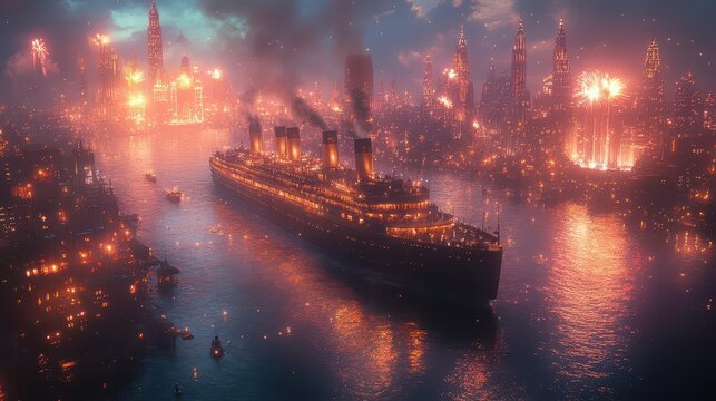 art deco cruise liner emerging from shimmering portal gatsbyesque passengers in 1920s attire marvel at futuristic cityscape while champagne fountains sparkle under holographic fireworks
