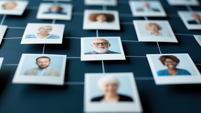 A collection of portraits illustrates familial relationships, revealing connections among different generations in a visually engaging layout