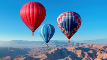 Obraz premium Three vibrant hot air balloons lift off into the clear sky while illuminating the stunning desert terrain as the sun rises