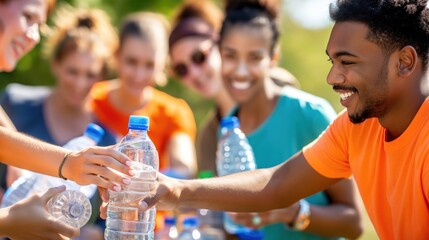 Volunteers handing out water bottles at a marathon, expressions of support and encouragement, promoting community involvement and volunteerism, sunny day, diverse participants
