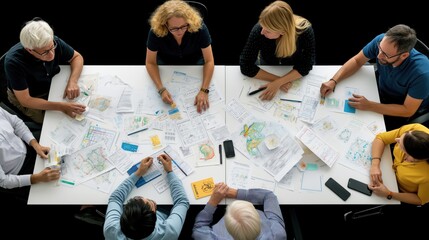 A group of professionals discusses intricate plans and maps around a large table, fostering collaboration in a dynamic workspace filled with papers and technology