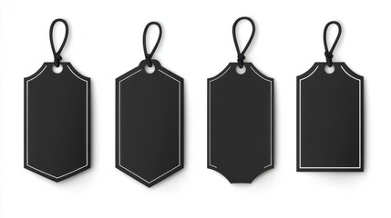 Set of black blank labels with cute white frame vector illustration isolated on white. Price tag, sale sticker, quality mark, sale or discount sticker, promotional badge set, shopping label, white bac