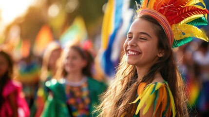 Fototapeta premium Brazilian Independence Day parade with colorful floats, vibrant costumes, and joyful crowds, sense of national pride and cultural celebration, flags waving in the sunlight