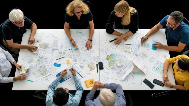 A group of professionals discusses intricate plans and maps around a large table, fostering collaboration in a dynamic workspace filled with papers and technology