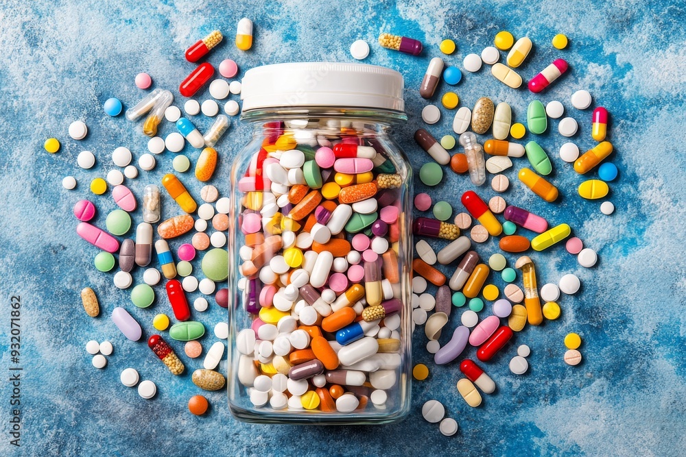 Poster top view of a jar overflowing with colorful pills on a blue background representing abundance in med
