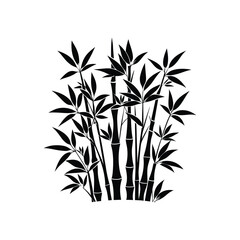 black bamboo silhouette with multiple stalks and clustered leaves spreading naturally, standing out on a solid white background.