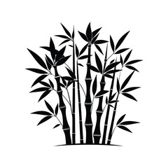 black bamboo silhouette with multiple stalks and clustered leaves spreading naturally, standing out on a solid white background.