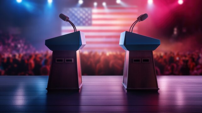 Two podiums are positioned for a political debate against a vibrant backdrop featuring an American flag as an audience awaits