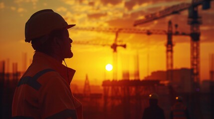 silhouette of worker construction building at sunset
