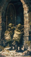 Three goblins joyfully carry bags filled with gold coins, escaping from a castle treasure room