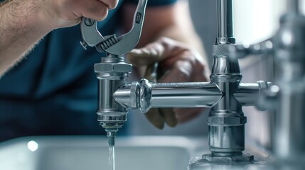 Plumber fixing a leaky pipe under the sink, using wrenches and sealants to stop the water flow and restore proper function to the plumbing system