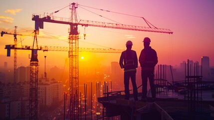 silhouette of worker construction building at sunset