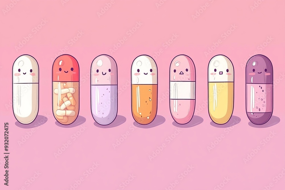 Poster cute and happy pill characters in a row on a soft pink background representing fun and friendly heal