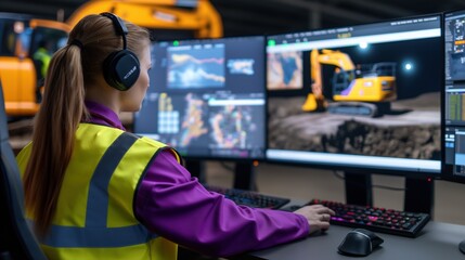 A skilled operator uses computer screens to manage and monitor construction equipment, showcasing precision and technological advancement in heavy machinery control