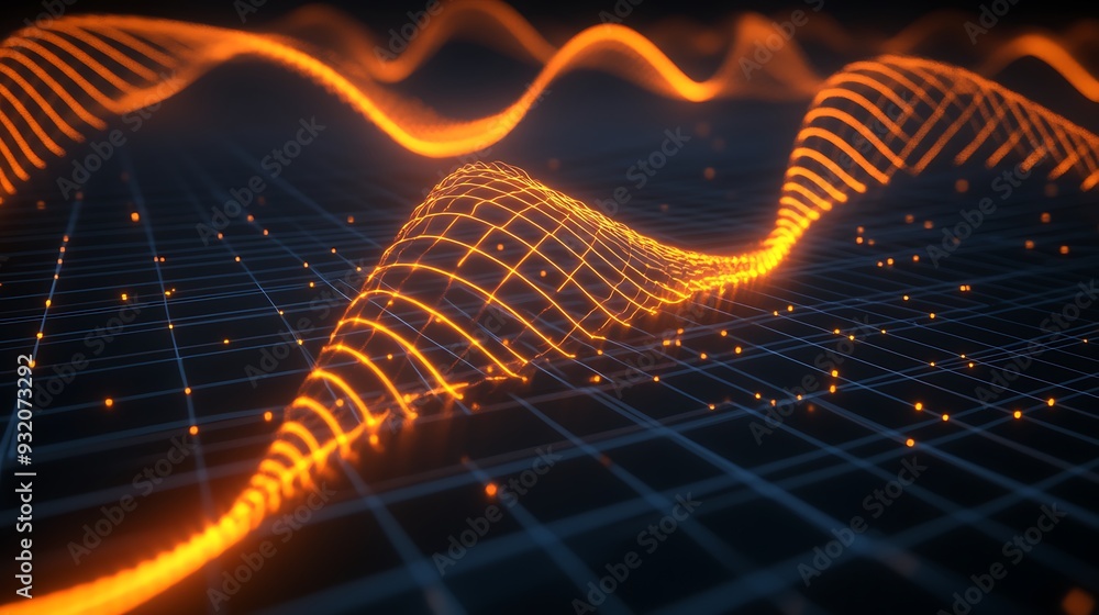 Poster futuristic 3d grid double helix with amber neon lines on charcoal background