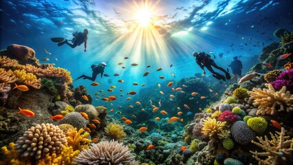 Divers in scuba gear explore a vibrant coral reef, surrounded by schools of fish, seaweed, and sunbeams filtering down from the ocean's surface above.