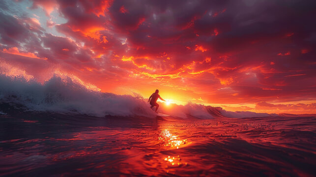 Silhouette of a surfer riding large waves at twilight, with the last rays of dusk illuminating the scene