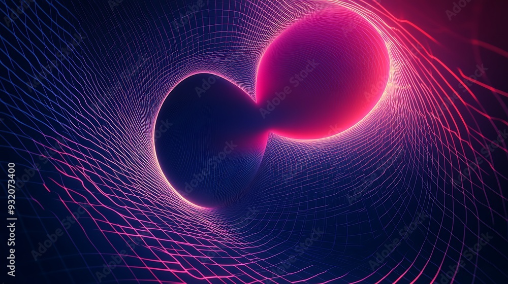Poster abstract 3d grid with crimson neon lines creating corkscrew effect on deep blue background