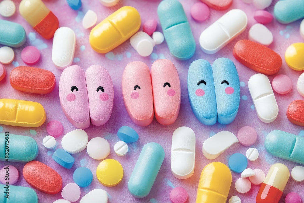 Poster minimalist and colorful pill capsules arranged in a flat lay on a soft background for a modern healt