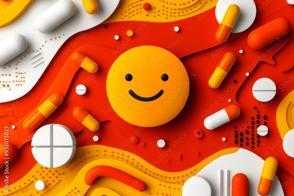 Poster dynamic and vibrant digital artwork with pills and capsules in a red abstract setting symbolizing en