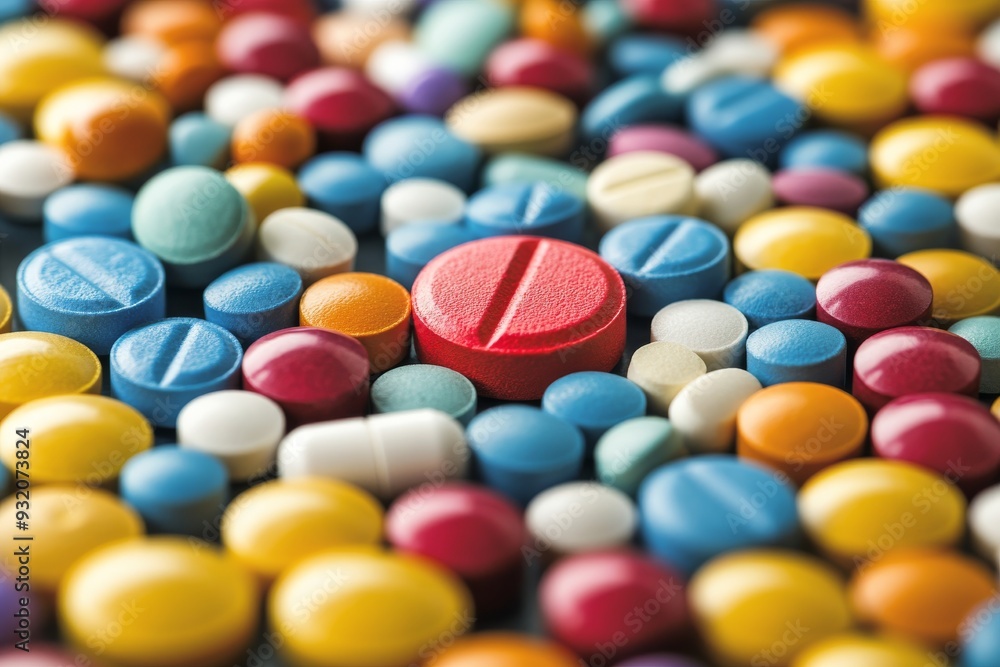 Poster single red pill in a sea of colorful capsules in a close up shot representing individuality and uniq