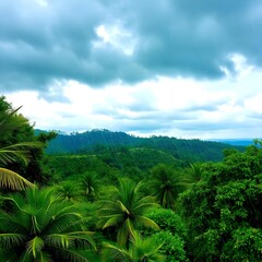 Obraz premium Lush vibrant jungle landscape with dramatic clouds, perfect for travel, adventure, and exotic vacation vibes