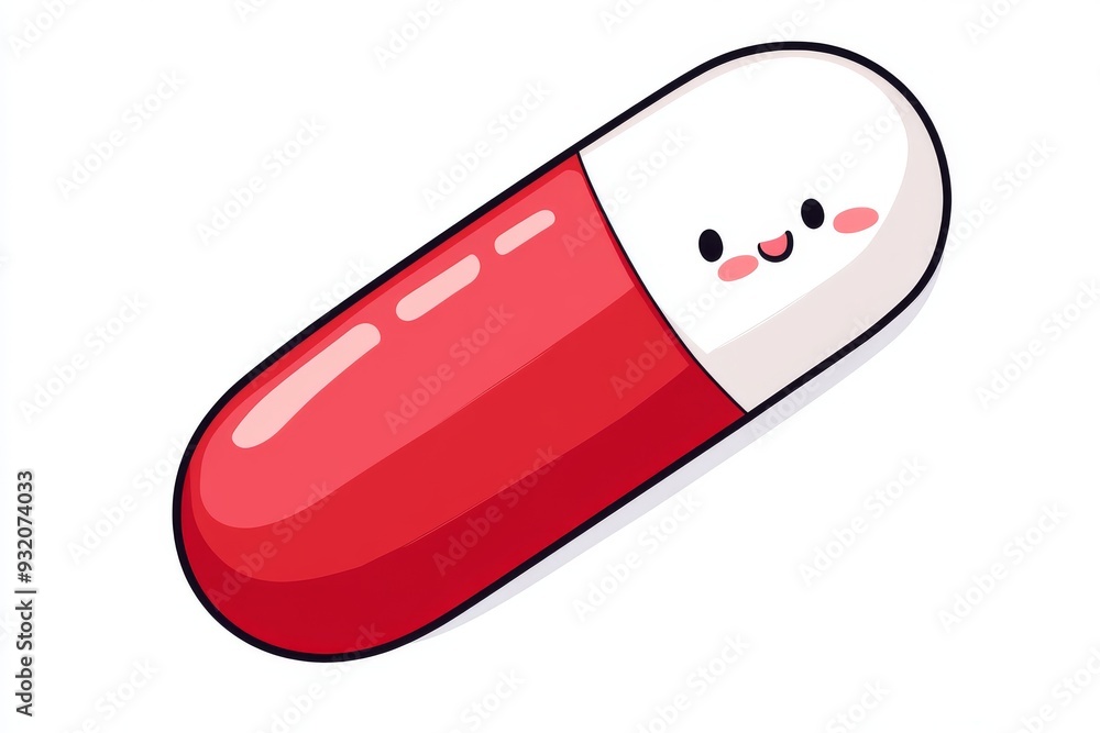 Poster minimalist red and white pill character on a bright yellow background representing simplicity and jo