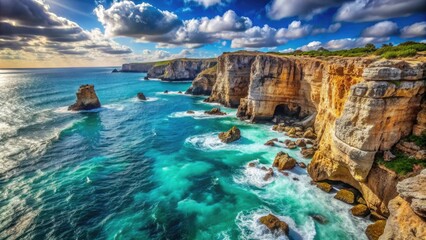 Naklejka premium Dramatic coastal landscape featuring rugged cliffs overlooking turquoise sea, with creative sketch-like drawing elements blended into the serene natural scenery.