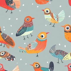 A colorful pattern featuring various stylized birds on a light background.
