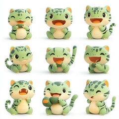 Fototapeta premium A collection of cute, cartoonish green creatures displaying various joyful expressions.