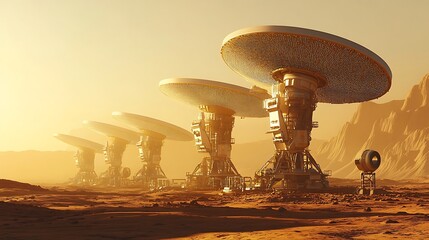A high-tech space colony on a distant exoplanet, with digital communication arrays