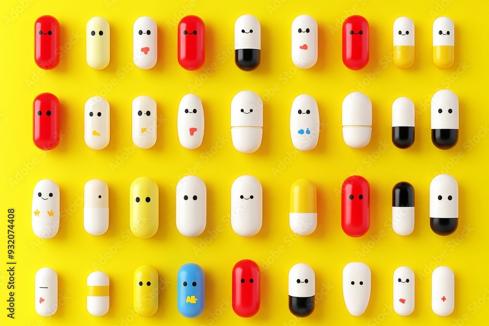 Aufkleber playful and colorful pill characters on a yellow background in a repetitive pattern representing fun