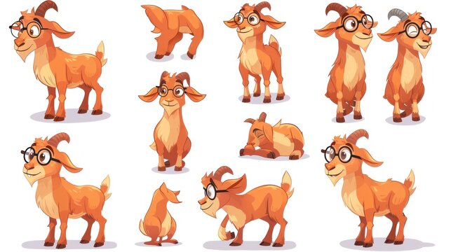 A collection of cartoon goats in various poses, some wearing glasses.