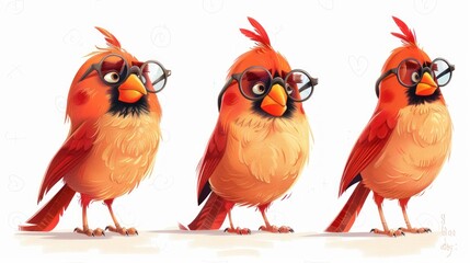 Fototapeta premium Three cartoon-style red birds wearing glasses, showcasing different expressions.