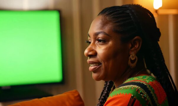 Malawian Woman Enjoying Television in Cozy Living Room