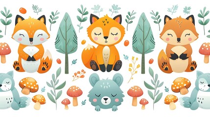 Fototapeta premium A seamless pattern of cute cartoon bears, foxes, and owls exploring a vibrant forest, surrounded by berries, mushrooms, and tall trees, bright and warm colors, soft sunlight, hd quality, natural look.