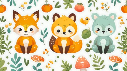 Naklejka premium A seamless pattern of cute cartoon bears, foxes, and owls exploring a vibrant forest, surrounded by berries, mushrooms, and tall trees, bright and warm colors, soft sunlight, hd quality, natural look.