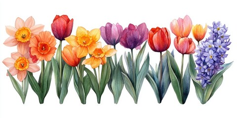 Fototapeta premium Watercolor Painting of a Row of Spring Flowers
