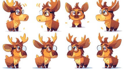 Fototapeta premium A collection of cute cartoon moose characters with various expressions and glasses.
