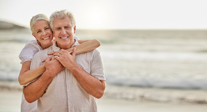 Love, beach and portrait of senior couple at water with bonding holiday, waves and island travel. Nature, man and woman on romantic ocean date together with smile, care and retirement vacation mockup