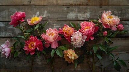 Peonies displayed on a wooden backdrop