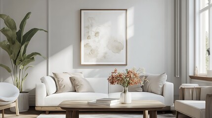 A modern living room featuring a white sofa, abstract wall art, indoor plants, and a coffee table with books and flowers.