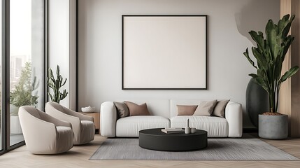 A stylish modern living room featuring a white sofa, round coffee table, indoor plants, and large blank wall art, complemented by natural light.