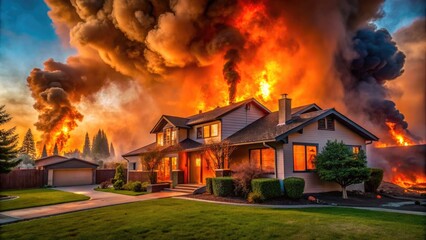 Dramatic orange flames engulf a suburban home at dusk, with smoke billowing into a darkening sky and debris scattered across the charred front lawn.