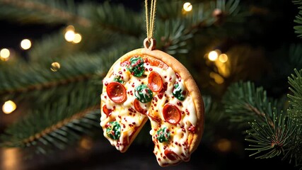 A whimsical pizza ornament hangs from a festive tree, brightly adorned with colorful sprinkles and glimmering lights, bringing playful joy to holiday decorations