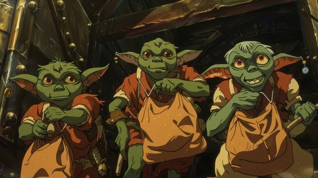 Three goblins in tattered clothes eagerly steal treasure from a dark, mysterious cave full of riches