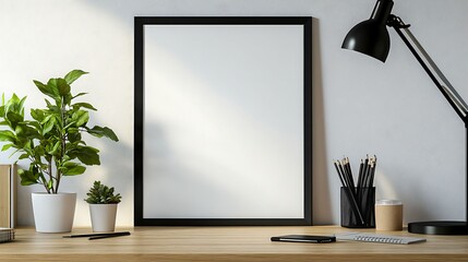A modern workspace featuring a blank framed art piece, indoor plants, a desk lamp, and office supplies on a wooden desk, creating a stylish and serene environment.