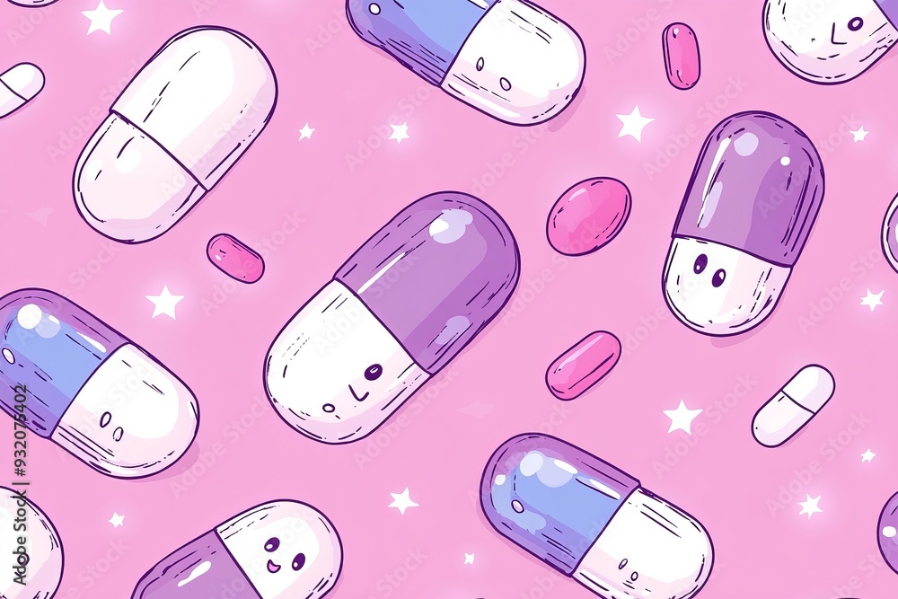 Poster playful and cute purple capsules in a repetitive pattern on a soft pink background representing fun 