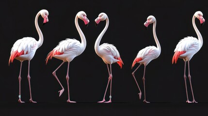Obraz premium A series of stylized flamingos in various poses against a dark background.